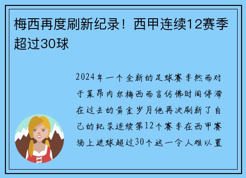 梅西再度刷新纪录！西甲连续12赛季超过30球